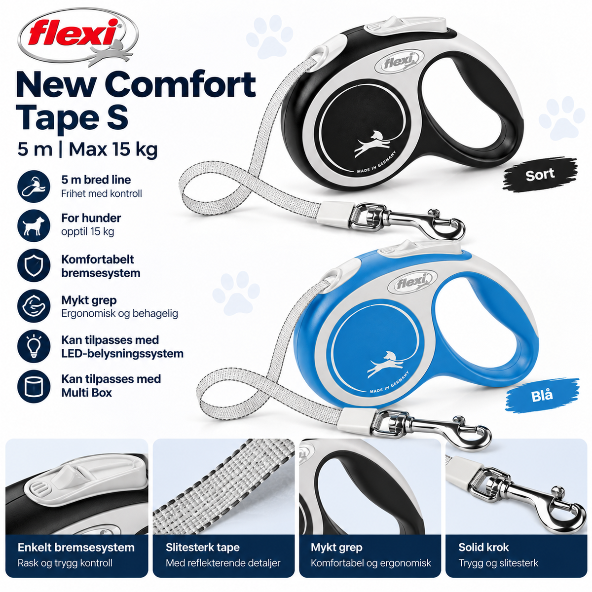 Flexi New Comfort Tape S 5 m – Blå / Sort