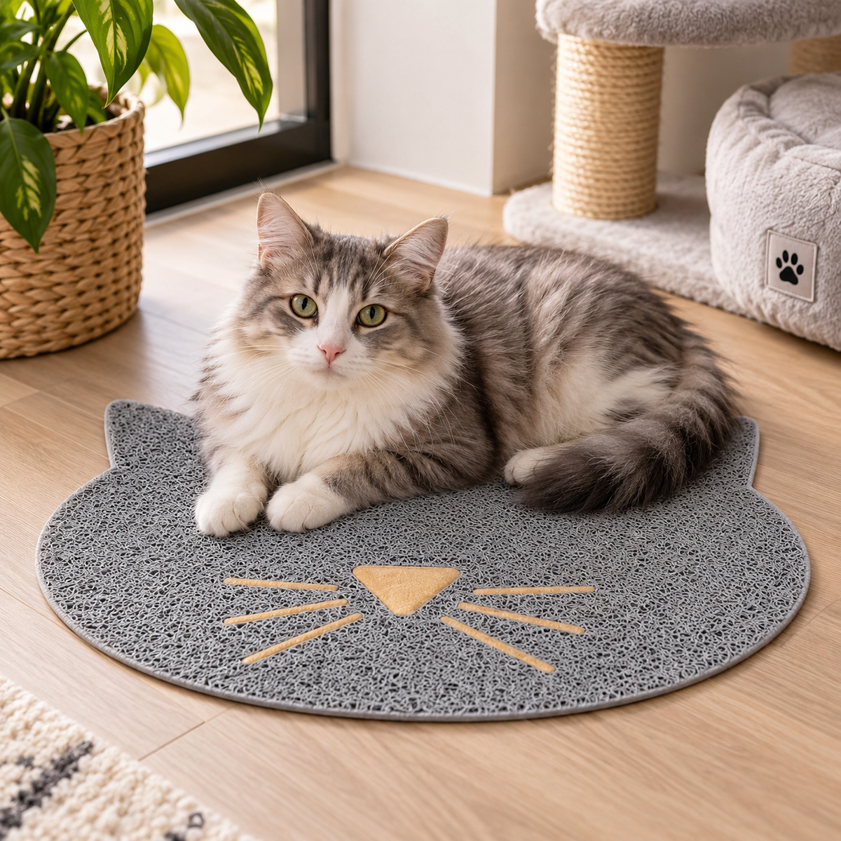 Kattebakke Teppe Kattehode – Lysegrå 40 × 42 cm