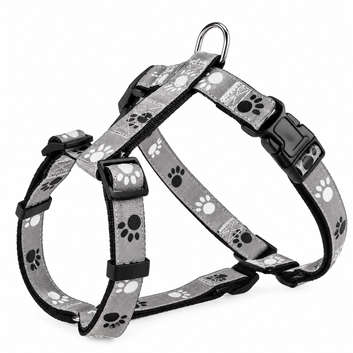 Trixie Silver Reflect H-hundesele i sort og sølvgrå med poter