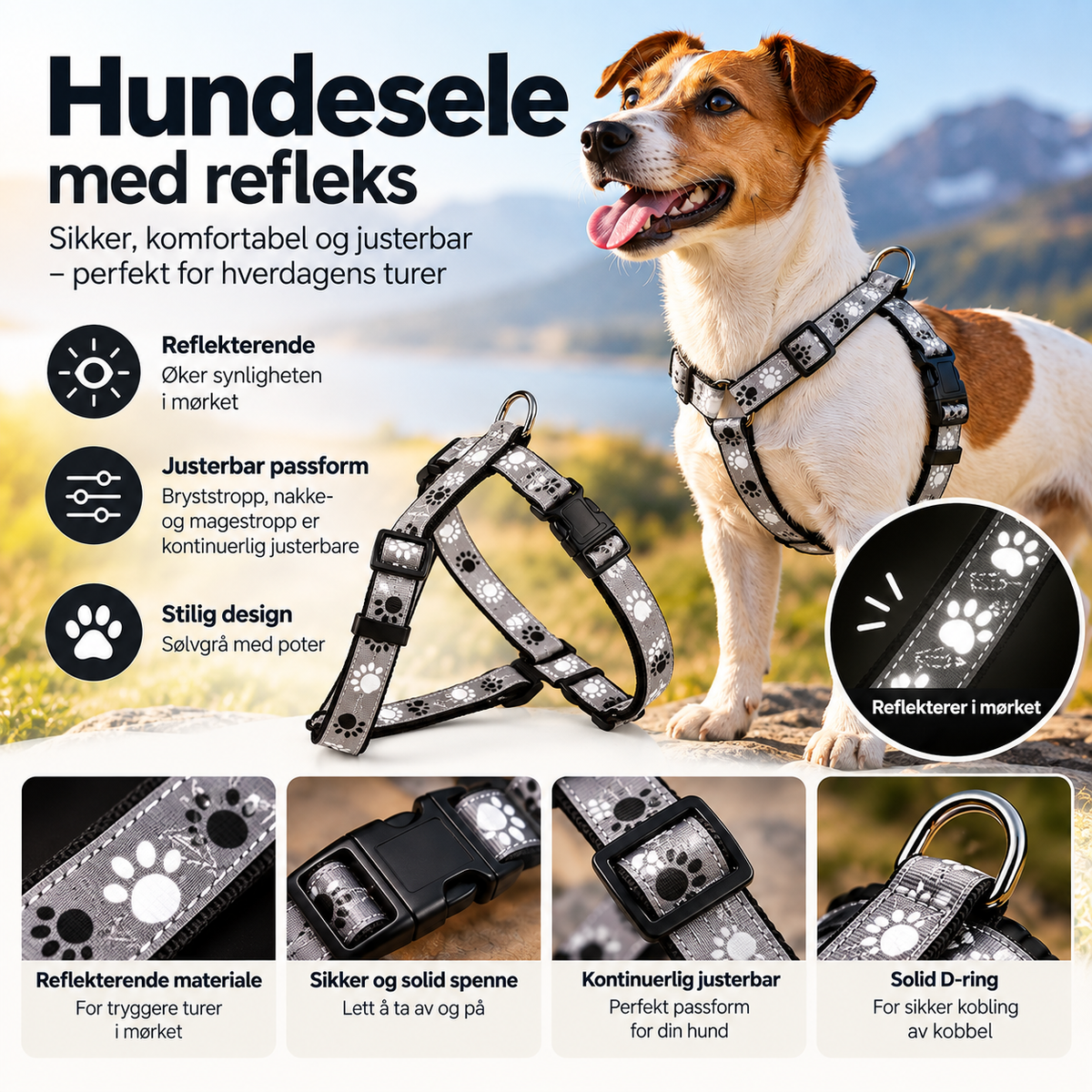Trixie Silver Reflect H-Hundesele – Grå med poter